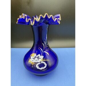 Vintage Bohemian Hand Painted Cobalt Blue Glass Vase With Flowers and Gold Trim